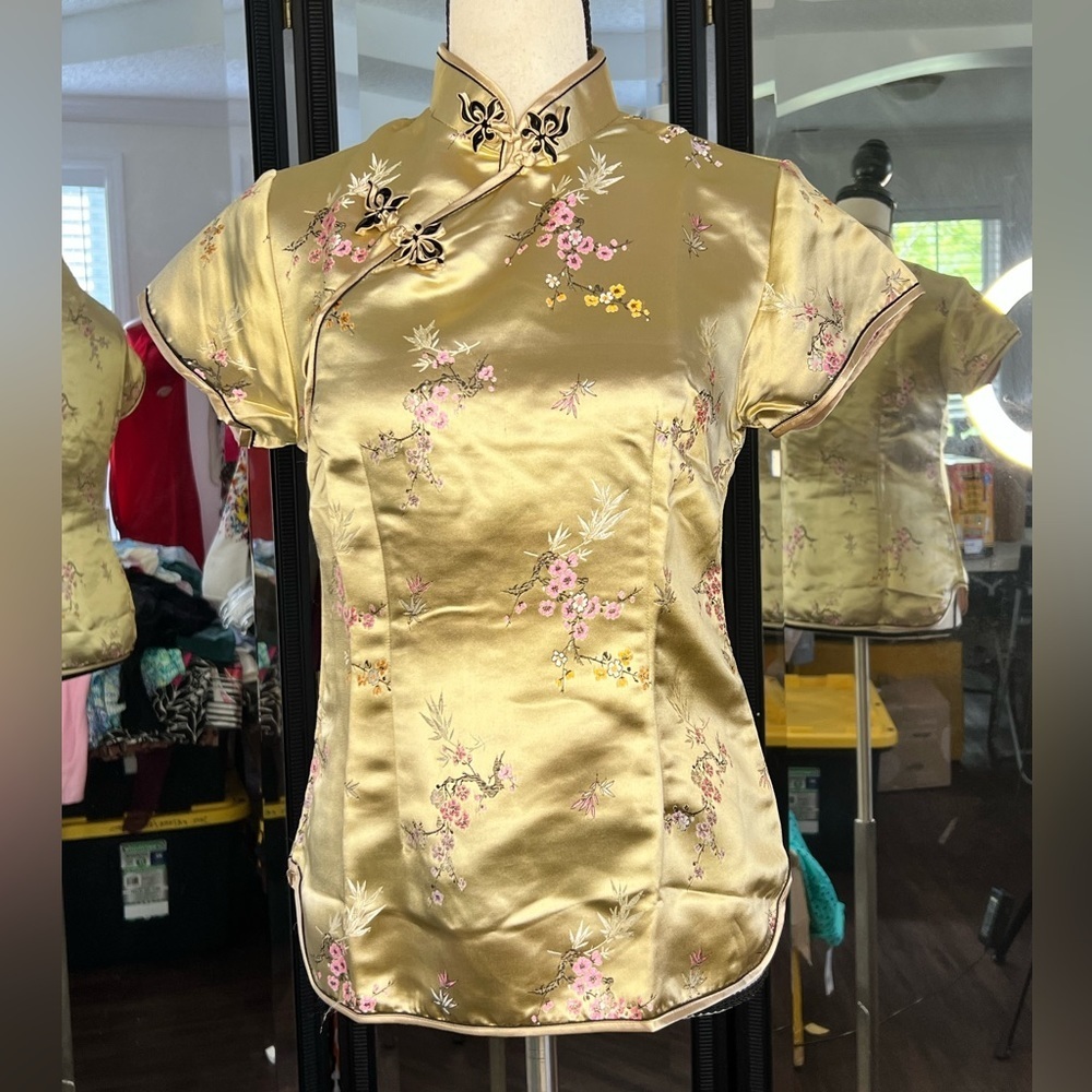 Stylish gold traditional silk satin with sakura glower embroidered women blouse
